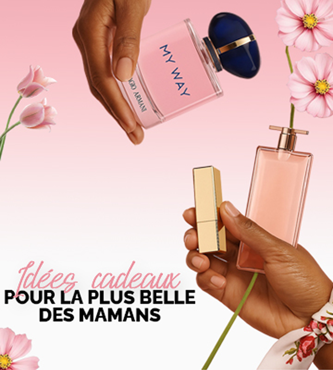 Idées cadeaux pour la fête des mères avec parfums et rouge à lèvres élégamment tenus par des mains féminines, sur fond rose fleuri