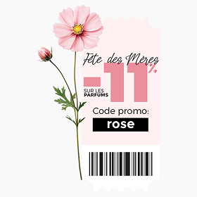 Promotion Fête des Mères : -11% sur les parfums avec le code promo rose, illustrée par une fleur rose et un code-barres