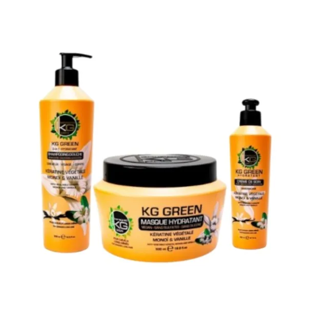 KeraGold – KeraGreen Pack Soin Cheveux Hydratant Monoi & Vanille Shampoing 3en1 500Ml + Crème soin 200Ml + Masque 500Ml - KERAGO