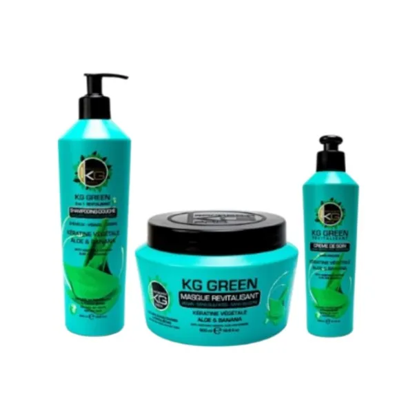 KeraGold – KeraGreen Pack Soin Cheveux Revitalisant Aloe & Banana Shampoing 3en1 500Ml + Crème soin 200Ml + Masque 500Ml - KERAG