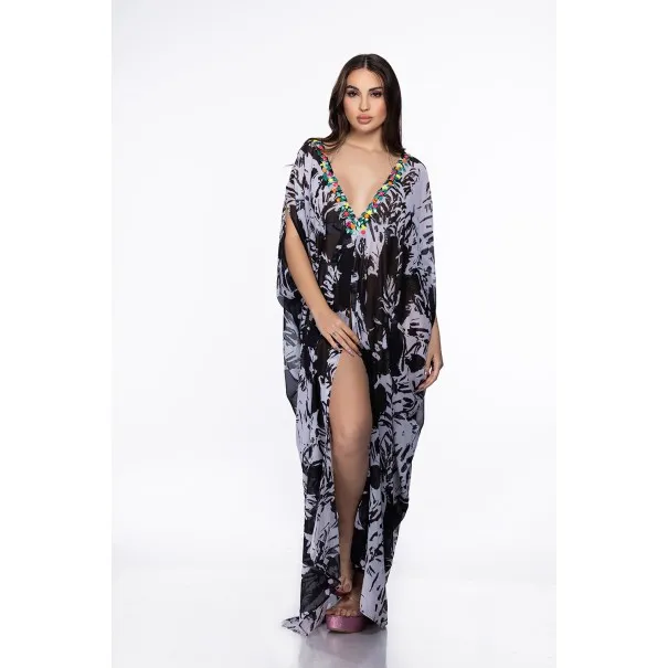 Lys Orientale Noir White Caftan de plage - Tresors de mimi