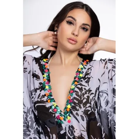 Lys Orientale Noir White Caftan de plage - Tresors de mimi
