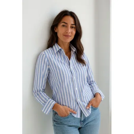 Chemise Femme Angelo Ricci Regular Fit en Popeline Rayée - Bleu et Blanc - Angelo Ricci