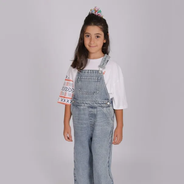 Salopette en jean extensible pour fille 7-13 ans, bleu pâle