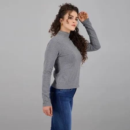 Pull col cheminée femme manches longues en jersey avec broderie - KONTAKT