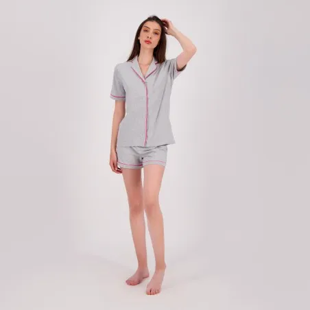 Pyjama chemise et short femme manches courtes avec pipping - KONTAKT