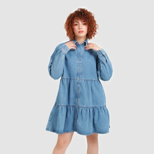 Robe chemise femme a volants en jeans- RAFLA - KONTAKT