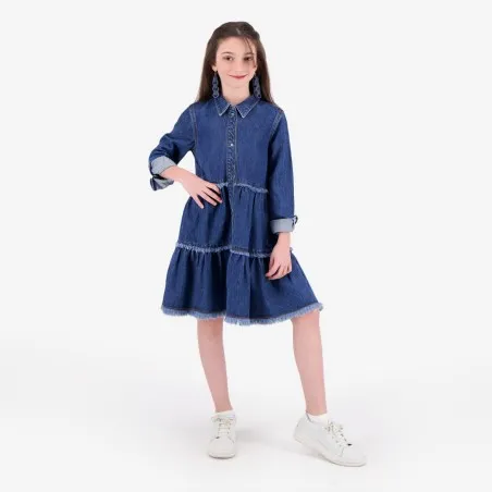 Robe chemise fille a volants en jeans - KONTAKT