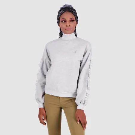 Sweat femme col cheminée avec volant sur les manches et broderie - KONTAKT