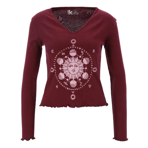 T-shirt col V femme côtelé manches longues soleil - KONTAKT