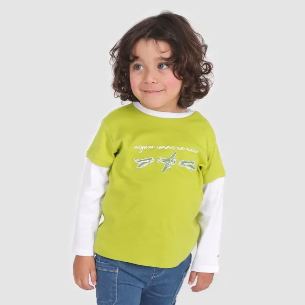 T-shirt côtelé bébé manches longues contrastées MIGNON COMME UN AVION - KONTAKT