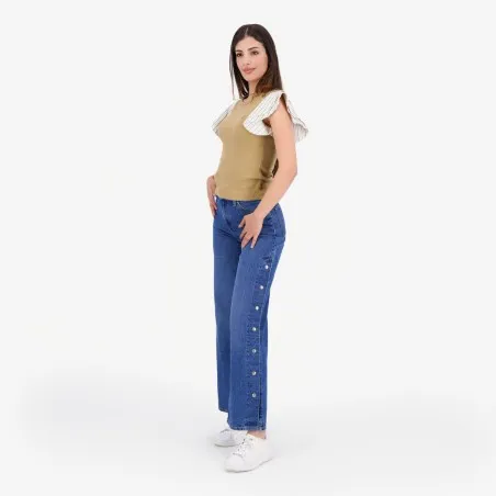 T-shirt côtelé femme manches à volant en chaine et trame - KONTAKT