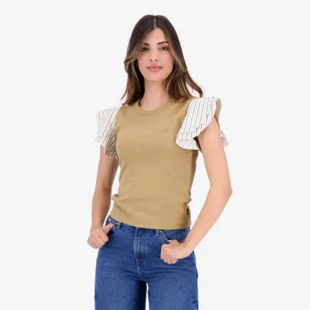 T-shirt côtelé femme manches à volant en chaine et trame - KONTAKT