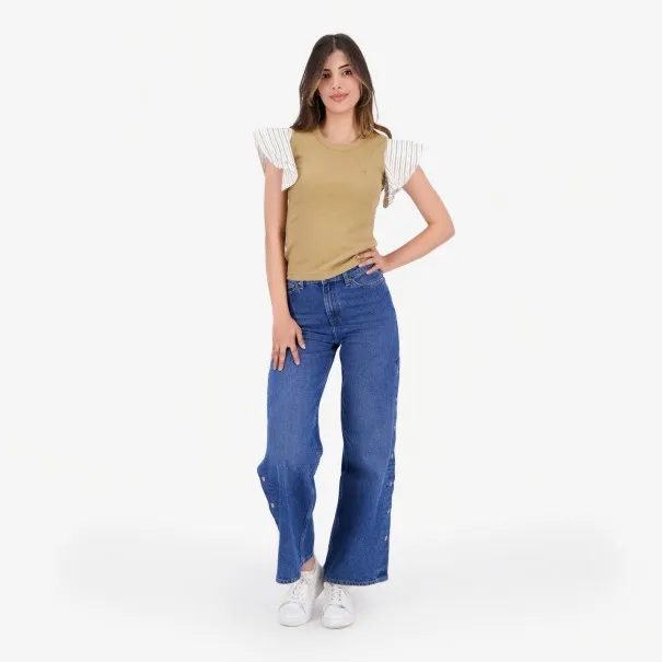 T-shirt côtelé femme manches à volant en chaine et trame - KONTAKT