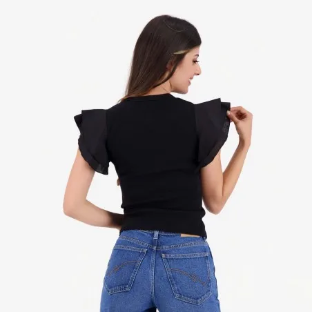 T-shirt côtelé femme manches à volant en chaine et trame - KONTAKT