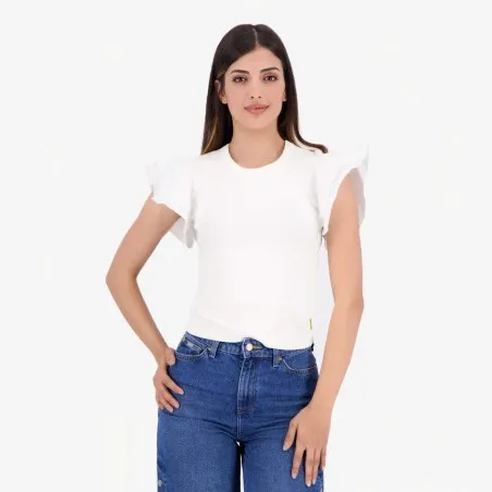 T-shirt côtelé femme manches à volant en chaine et trame - KONTAKT