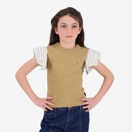 T-shirt côtelé fille manches à volant en chaine et trame - KONTAKT