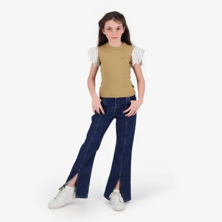 T-shirt côtelé fille manches à volant en chaine et trame - KONTAKT