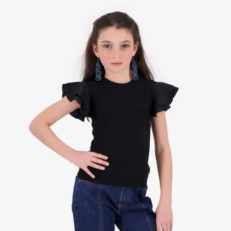 T-shirt côtelé fille manches à volant en chaine et trame - KONTAKT