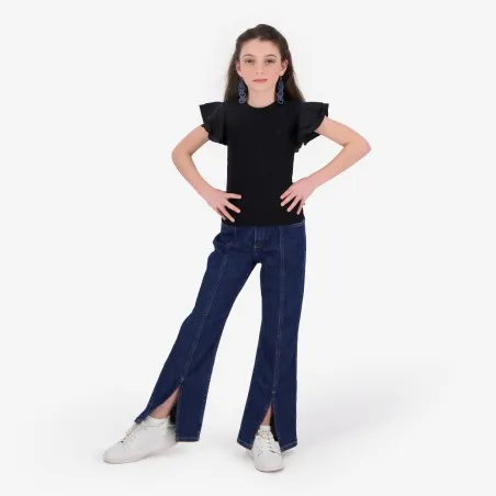 T-shirt côtelé fille manches à volant en chaine et trame - KONTAKT