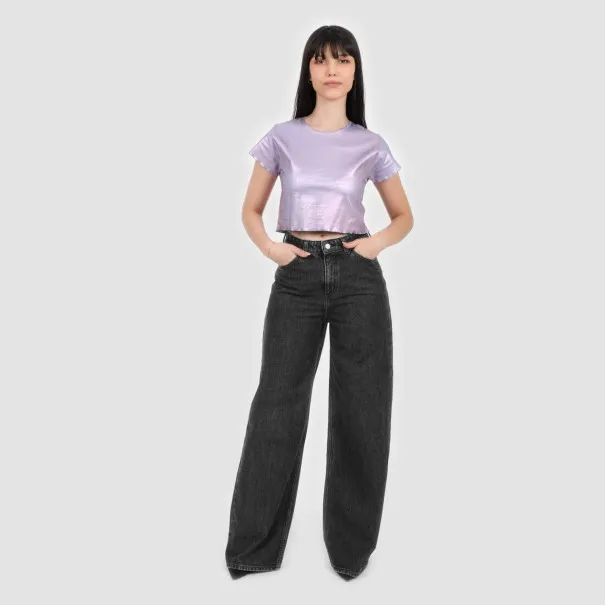 T-shirt crop côtelé femme manches courtes effet metallique - KONTAKT