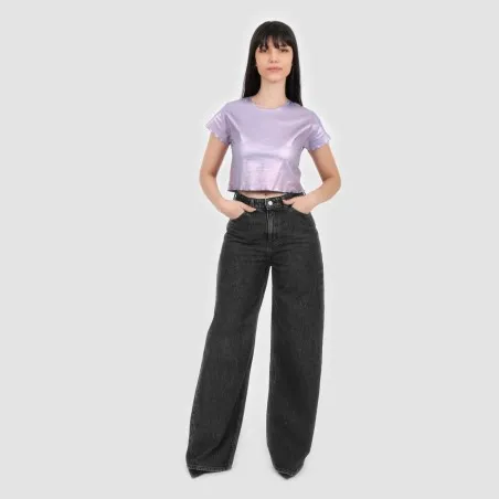 T-shirt crop côtelé femme manches courtes effet metallique - KONTAKT