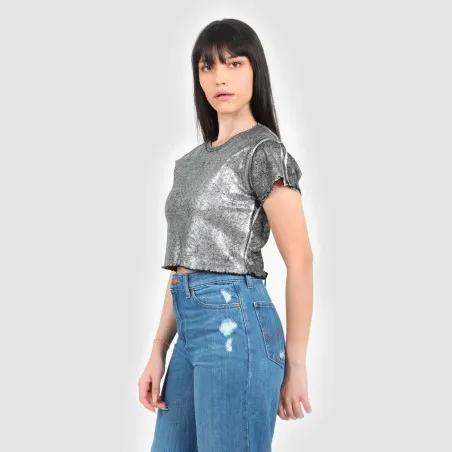 T-shirt crop côtelé femme manches courtes effet metallique - KONTAKT