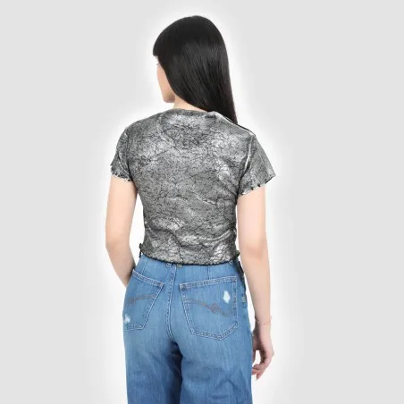 T-shirt crop côtelé femme manches courtes effet metallique - KONTAKT