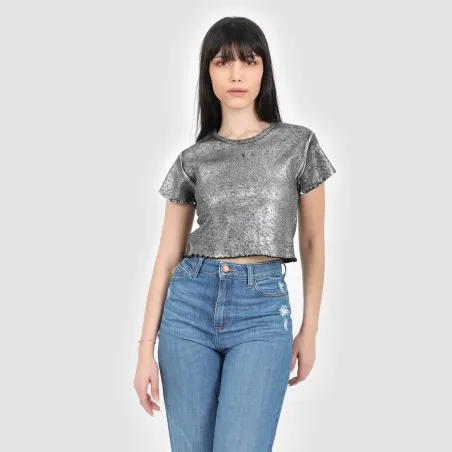 T-shirt crop côtelé femme manches courtes effet metallique - KONTAKT