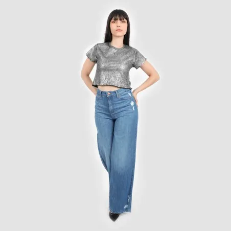 T-shirt crop côtelé femme manches courtes effet metallique - KONTAKT