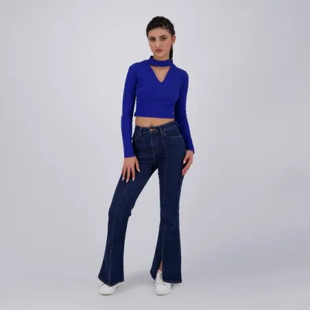 T-shirt crop côtelé femme manches longues avec détail cut out - KONTAKT