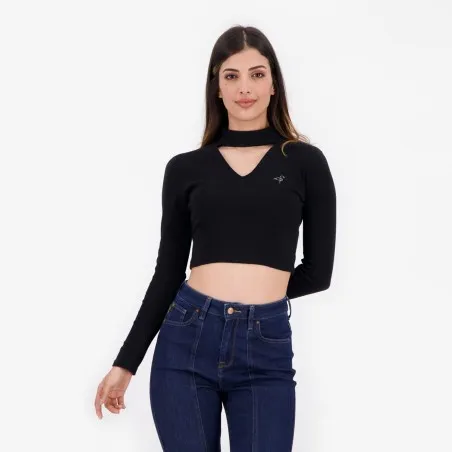 T-shirt crop côtelé femme manches longues avec détail cut out - KONTAKT