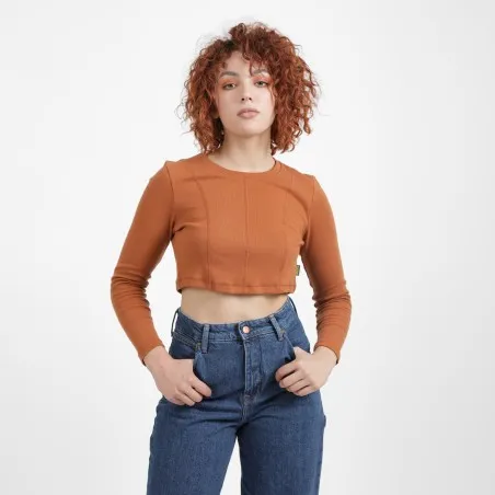 T-shirt crop côtelé femme manches longues avec flat lock - KONTAKT