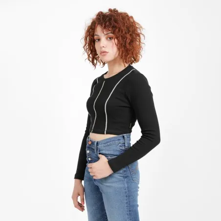 T-shirt crop côtelé femme manches longues avec flat lock - KONTAKT