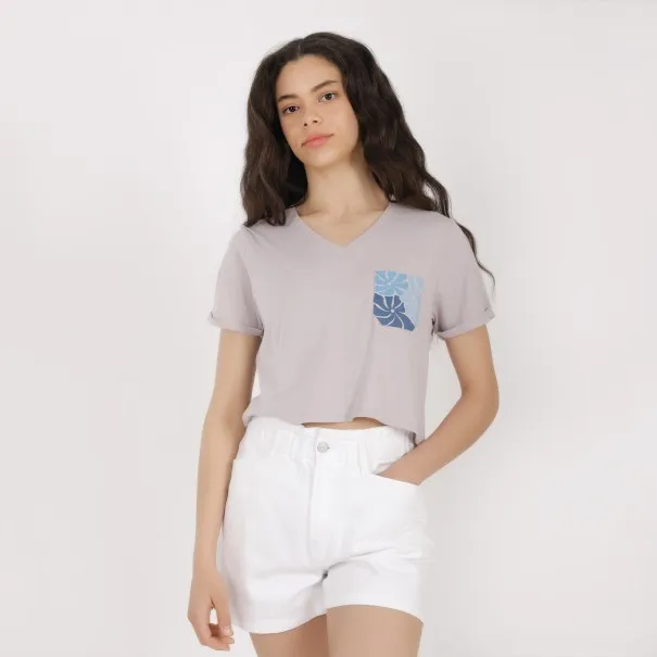 T-shirt crop femme manches courtes col V FLEUR - KONTAKT