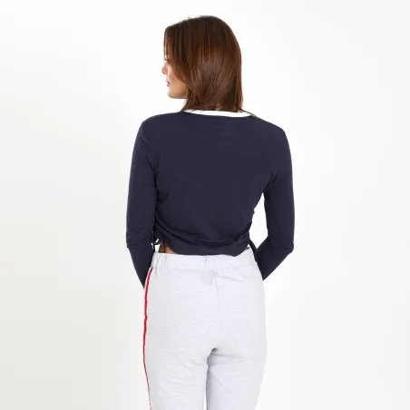 T-shirt crop femme manches longues avec cordon de serrage et broderie - KONTAKT