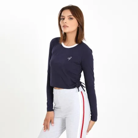T-shirt crop femme manches longues avec cordon de serrage et broderie - KONTAKT