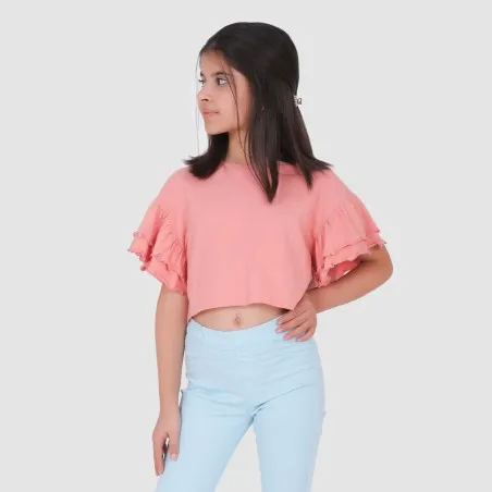T-shirt crop fille manches courtes avec volant - KONTAKT