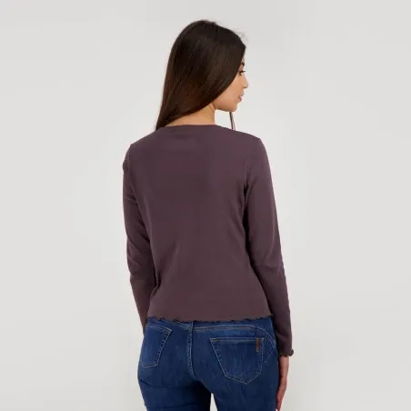 T-shirt femme côtelé manches longues avec broderie - KONTAKT