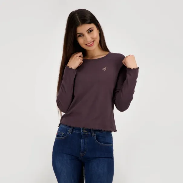 T-shirt femme côtelé manches longues avec broderie - KONTAKT