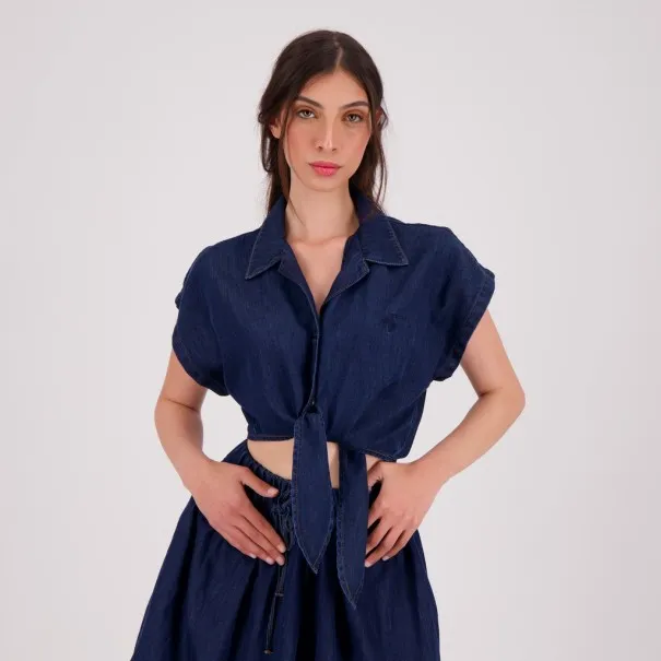 Chemise cropped femme avec nœud en jeans - TAHANI - KONTAKT