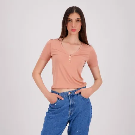 T-shirt femme manches courtes col tunisien - KONTAKT
