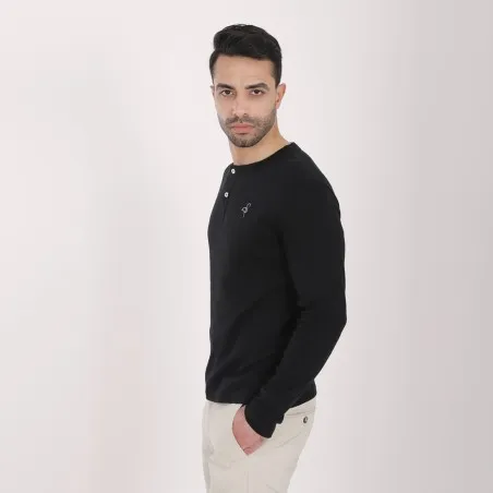 T-shirt homme côtelé manches longues col tunisien avec broderie - KONTAKT