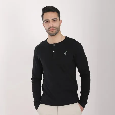T-shirt homme côtelé manches longues col tunisien avec broderie - KONTAKT