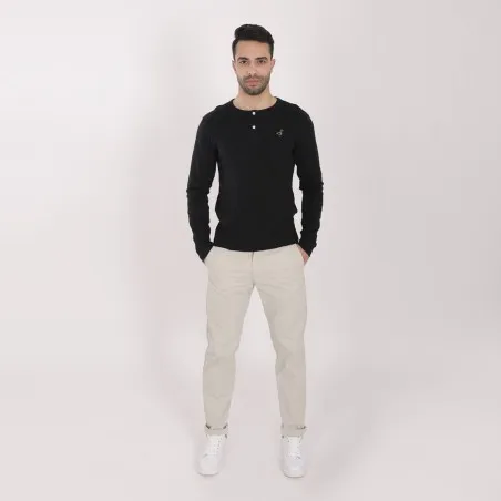 T-shirt homme côtelé manches longues col tunisien avec broderie - KONTAKT