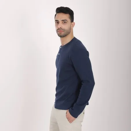 T-shirt homme côtelé manches longues col tunisien avec broderie - KONTAKT