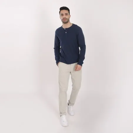 T-shirt homme côtelé manches longues col tunisien avec broderie - KONTAKT