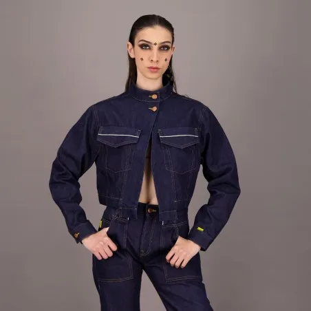 Cropped jacket unisexe selvedge avec fermeture décalée en jeans Selvedge And Raw Look - TUNIS FASHION WEEK 2024 - KONTAKT