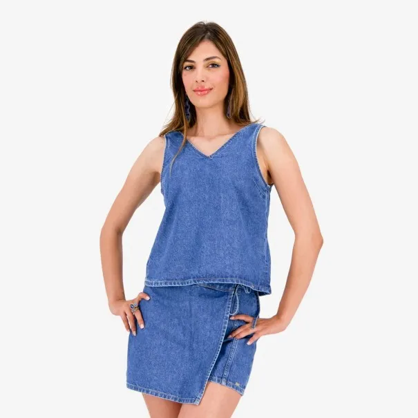 Top femme avec noeud sur le dos en jeans-TOUBA - KONTAKT