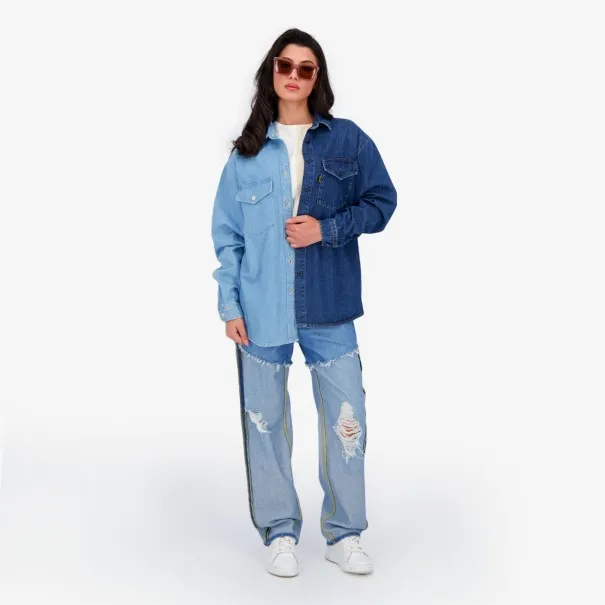 Upcycling chemise oversized femme en jeans bi-couleur - SHER V1 - KONTAKT